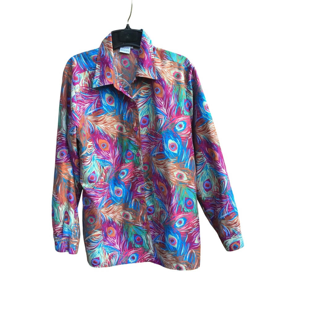 National Peacock Feather Print Button Down Shirt Purple Teal Blue Size 16